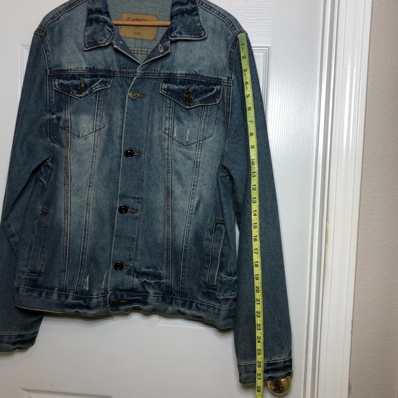 Carbon 70829 Denim Blue Yellowish Wash Distressed Buttoned Trucker Jean Jacket L - Picture 16 of 16